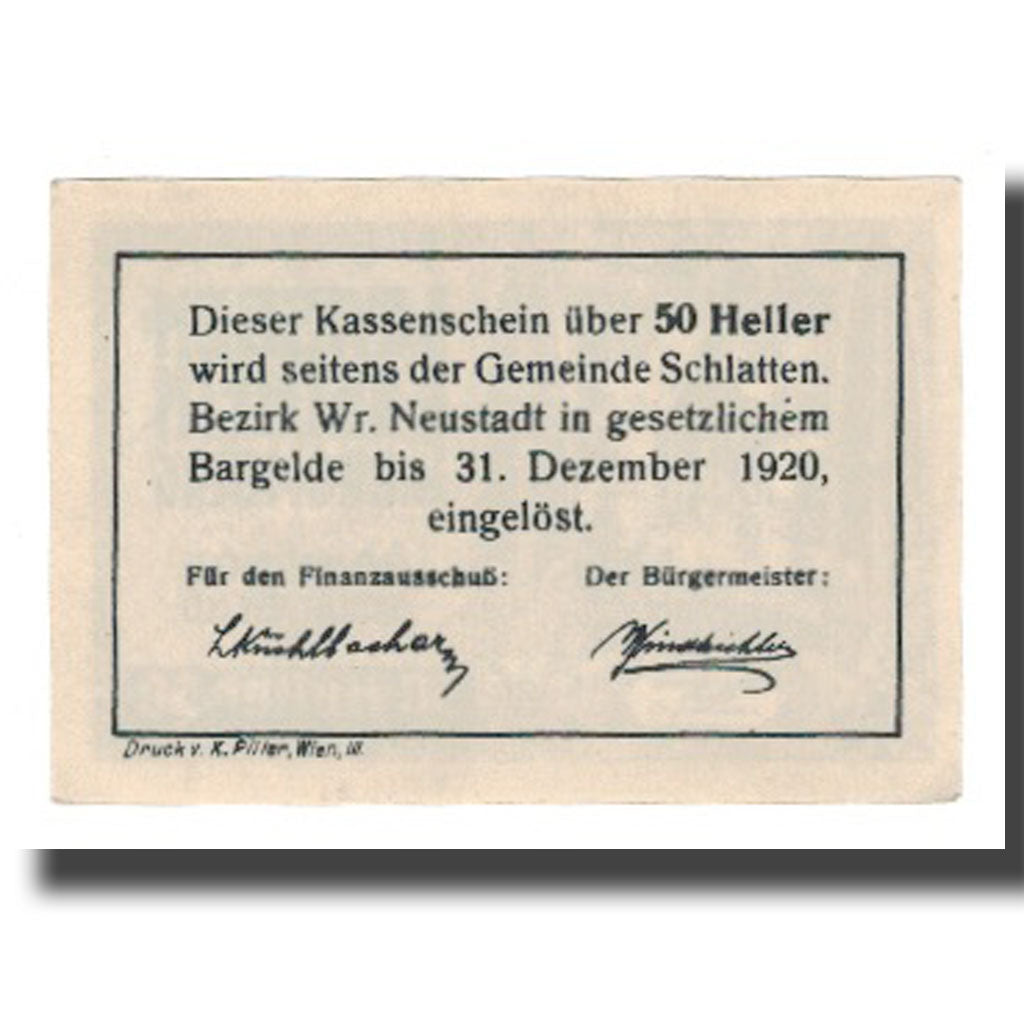 Banconote, Austria, Bromberg Gemeinde Schlatten N.Ö., 50 Heller, Texte, 1920