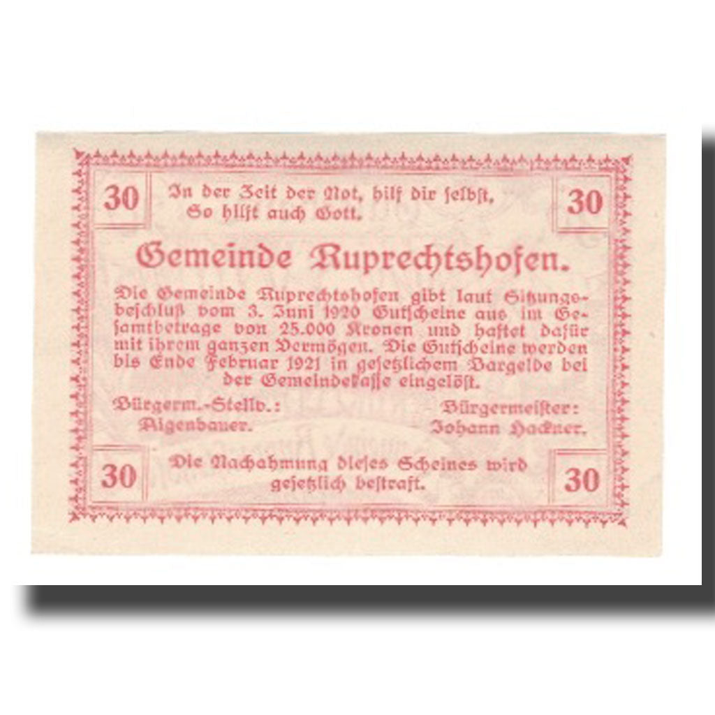Banknote, Austria, Ruprechtshofen, 30 Heller, Texte, 1921, AU(55-58), Mehl:FS