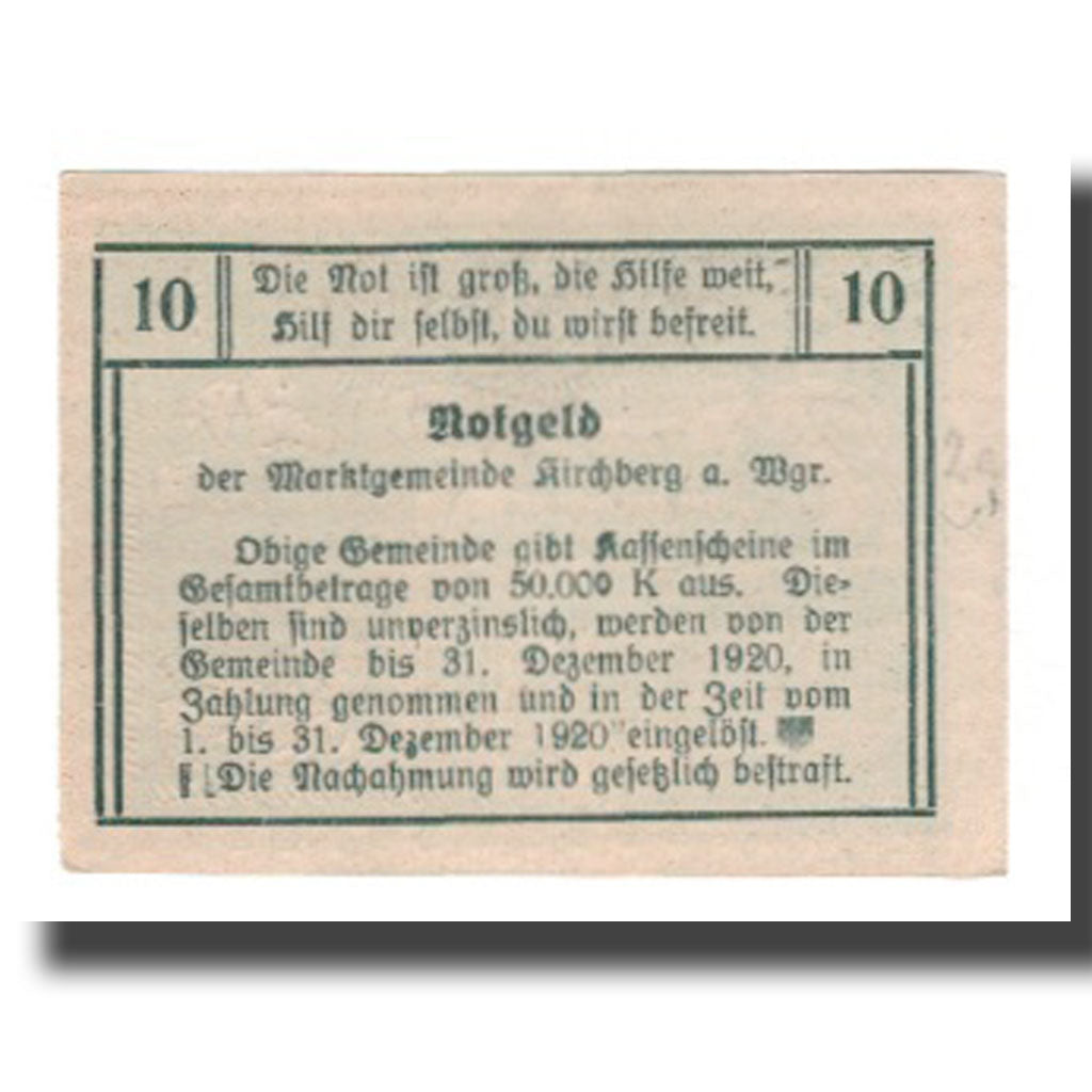Banknote, Austria, Kirchberg am Wagram N.Ö. Marktgemeinde, 10 Heller, Texte