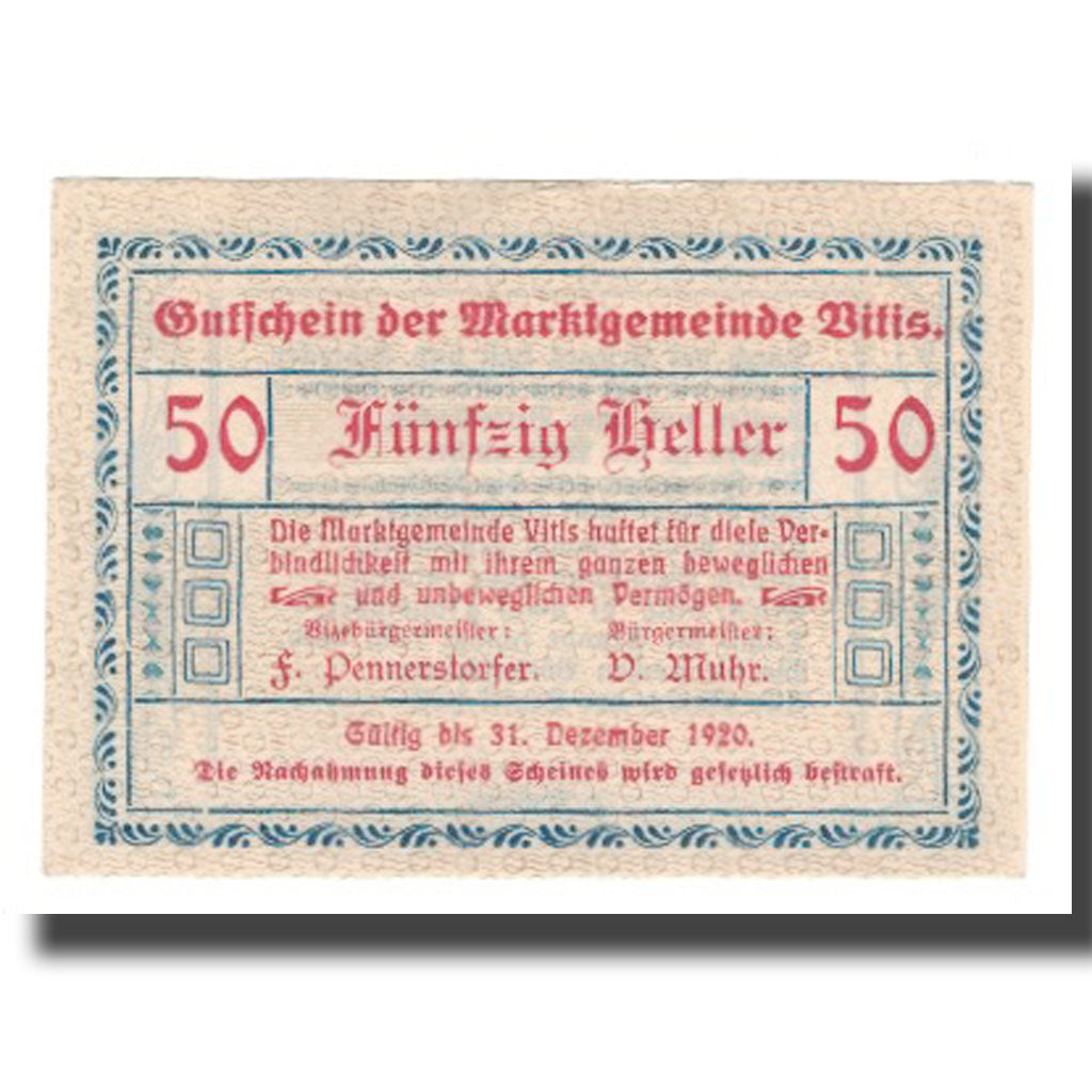 Billet, Autriche, Vitis N.Ö. Marktgemeinde, 50 Heller, Texte, 1920, 1920-12-31