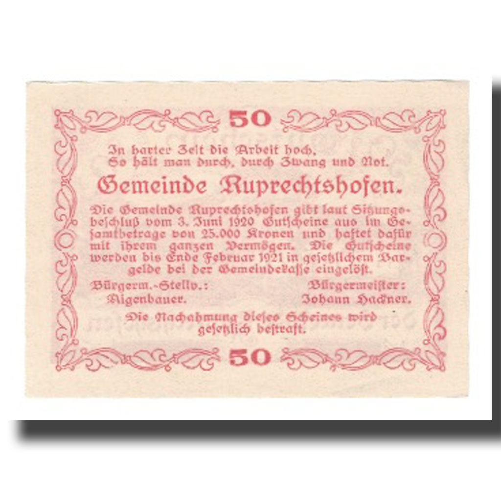 Banconote, Austria, Ruprechtshofen, 50 Heller, Texte, 1921, SPL-, Mehl:FS 855
