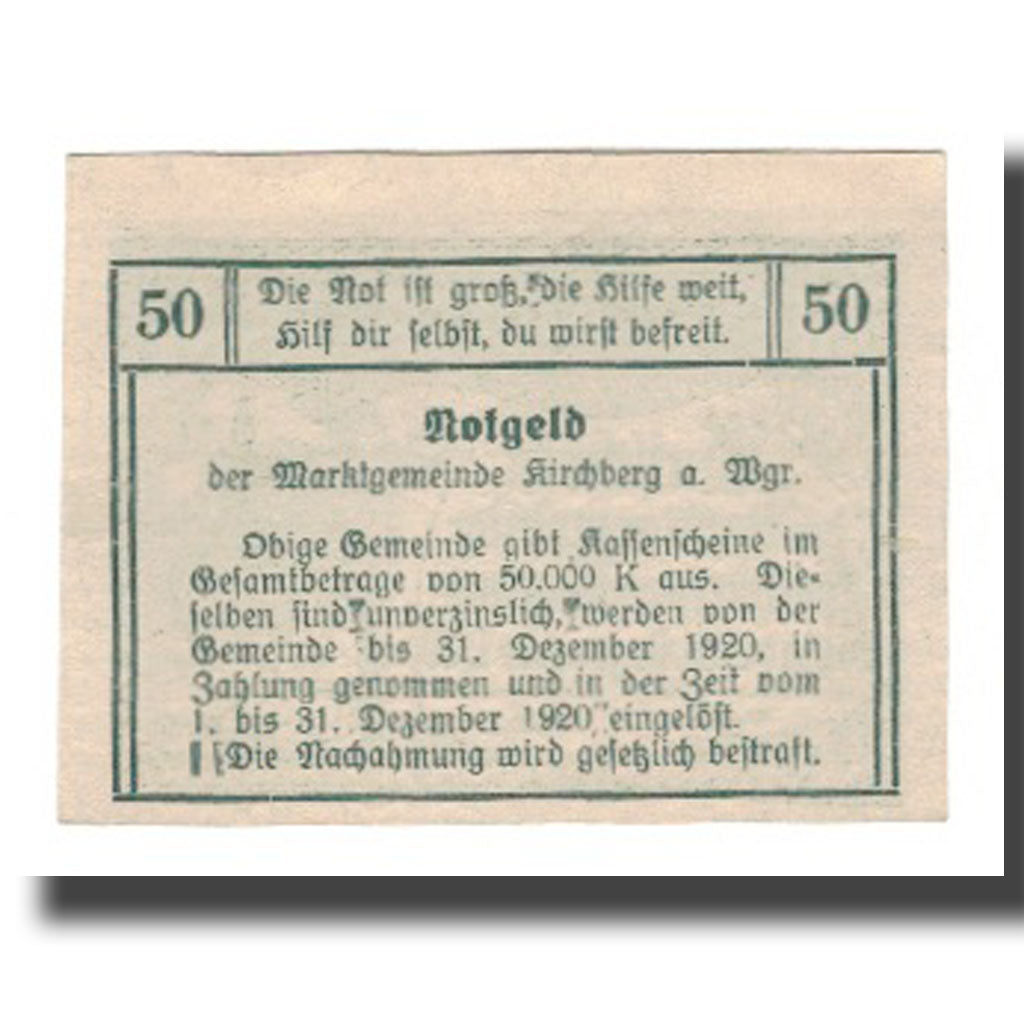 Banknot, Austria, Kirchberg am Wagram N.Ö. Marktgemeinde, 50 Heller, texte 1