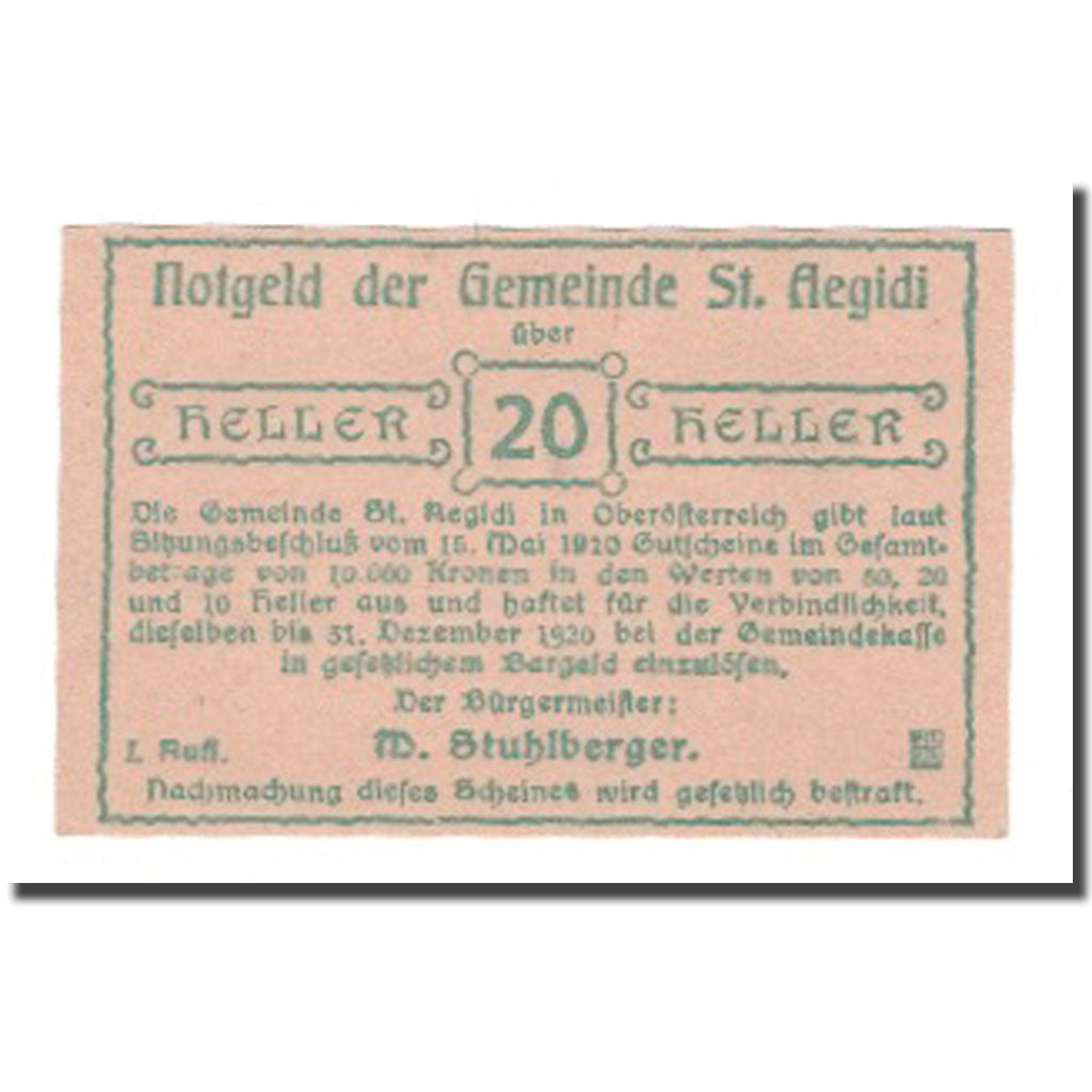 Banknot, Austria, St Aegidi, 20 Heller, N.D, 1920, 1920-12-31, AU(55-58)