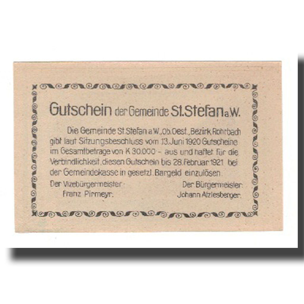Geldschein, Österreich, St. Stefan am Walde O.Ö. Gemeinde, 20 Heller, Texte