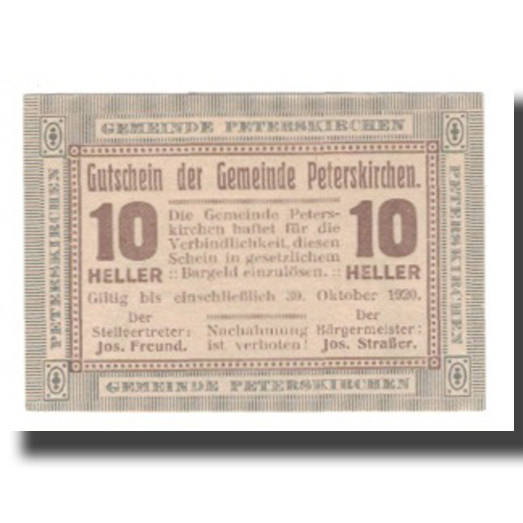 Banknot, Austria, Peterskirchen O.Ö. Gemeinde, 10 Heller, Texte, 1920