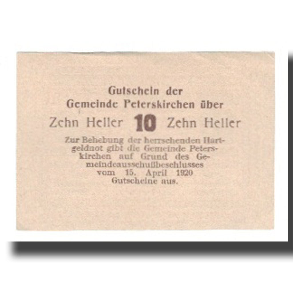 Banknot, Austria, Peterskirchen O.Ö. Gemeinde, 10 Heller, Texte, 1920