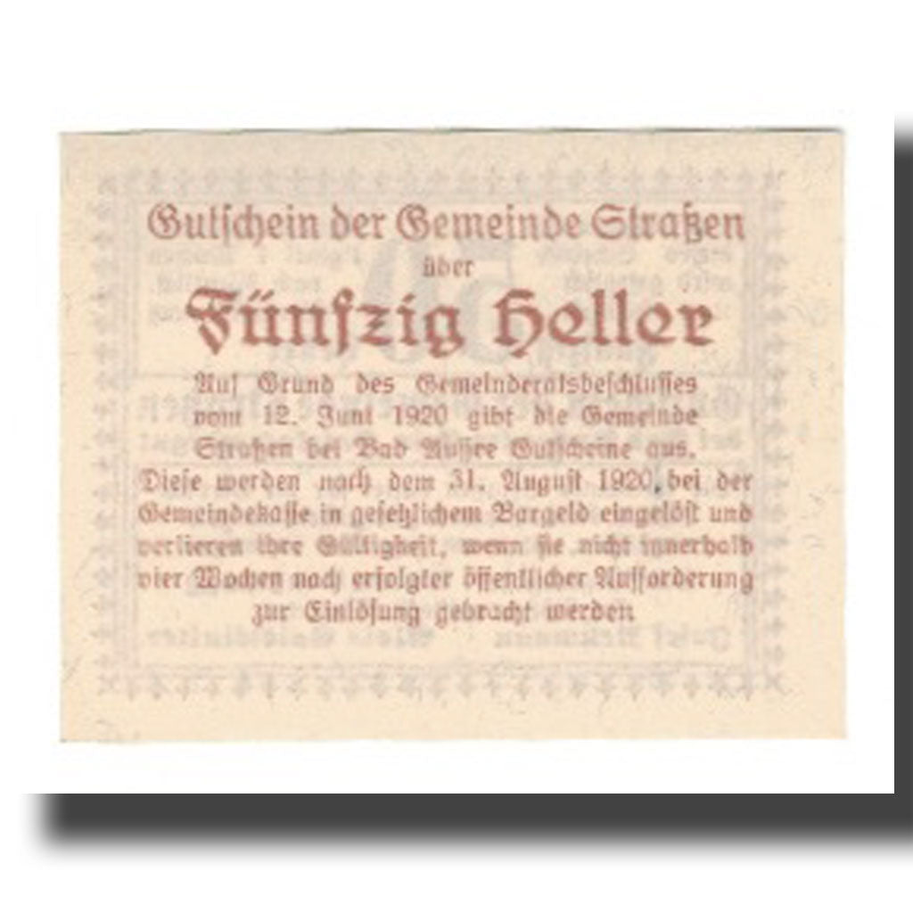 Banknot, Austria, Strassen, 50 Heller, Texte, 1920, 1920-08-31, AU(55-58)
