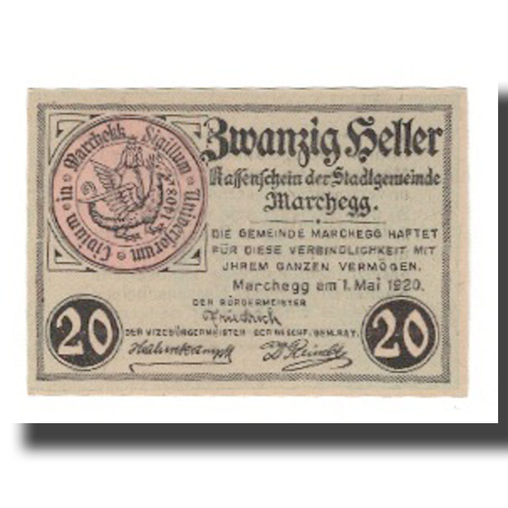 Banknot, Austria, Marchegg N.Ö. Stadtgemeinde, 20 Heller, Texte, 1920