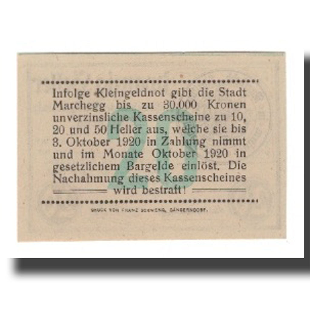 Banknot, Austria, Marchegg N.Ö. Stadtgemeinde, 20 Heller, Texte, 1920