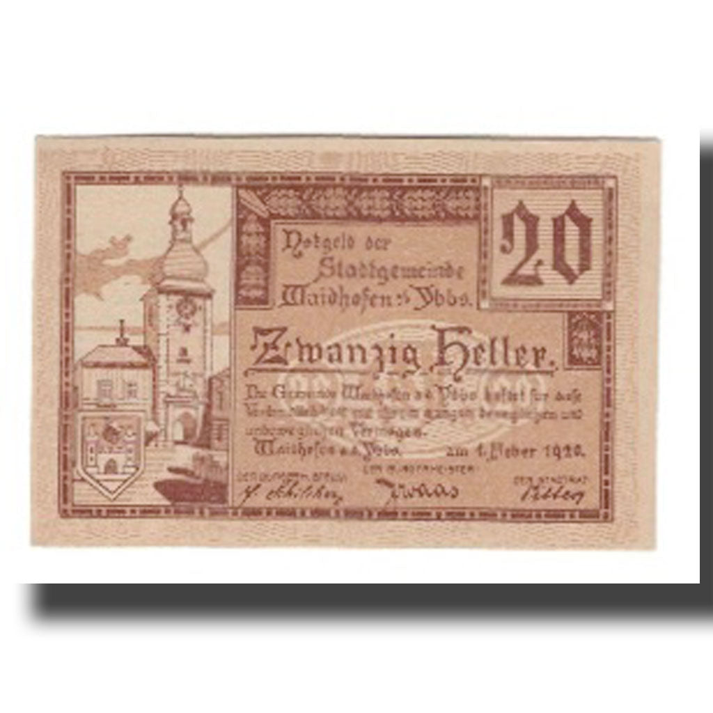 Banknote, Austria, Waidhofen An Der Ybbs N.Ö. Stadtgemeinde, 20 Heller, texte