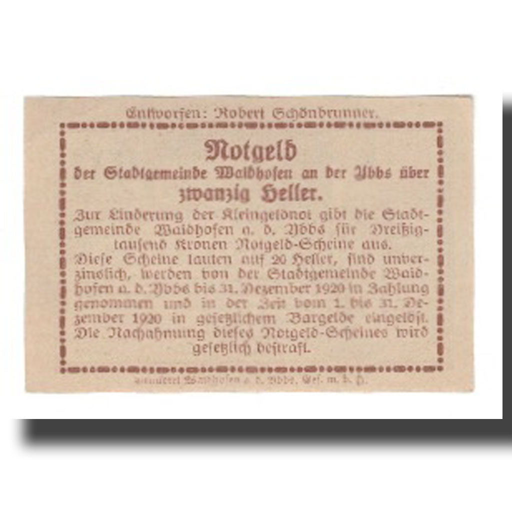 Banknote, Austria, Waidhofen An Der Ybbs N.Ö. Stadtgemeinde, 20 Heller, texte
