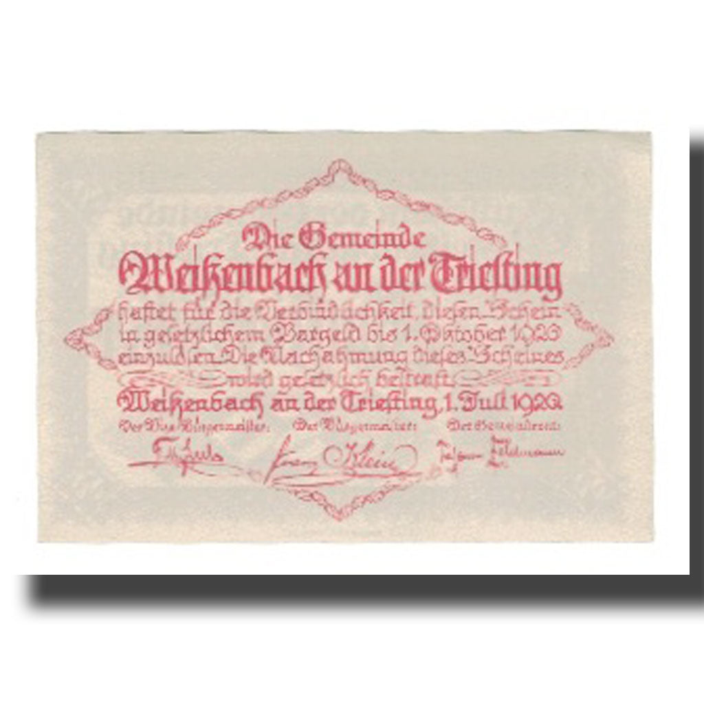 Nota, Áustria, Weißenbach an der Triesting N.Ö. Gemeinde, 50 Heller, Texte