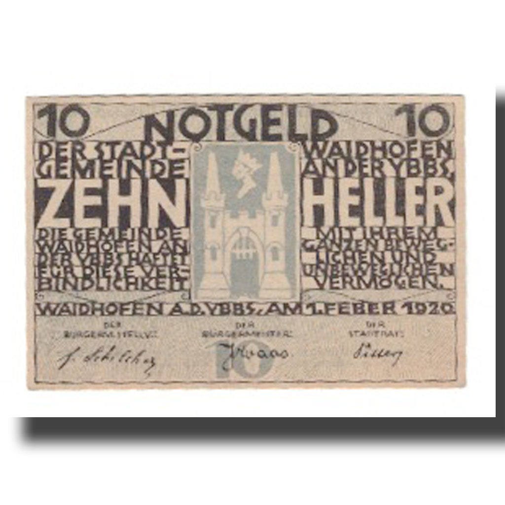 Banknot, Austria, Waidhofen An Der Ybbs N.Ö. Stadtgemeinde, 10 Heller, Texte