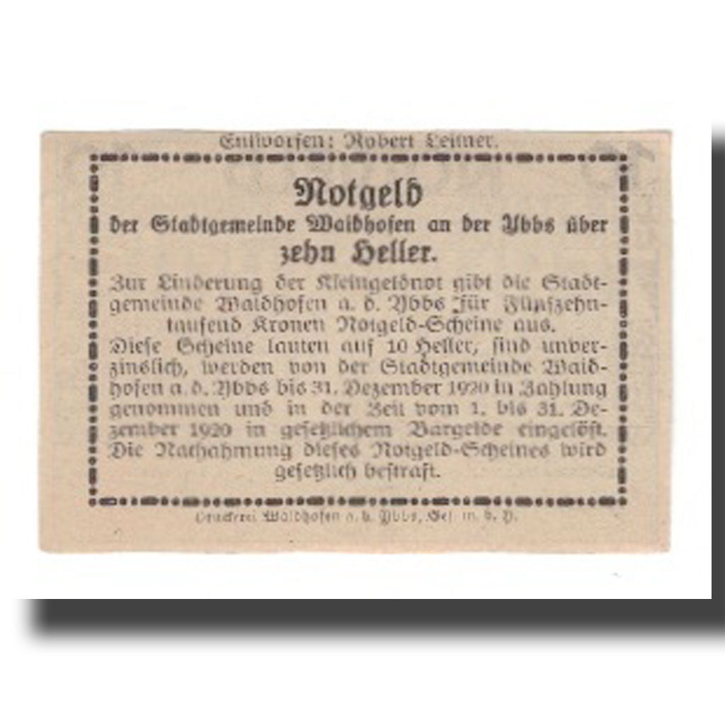 Banknot, Austria, Waidhofen An Der Ybbs N.Ö. Stadtgemeinde, 10 Heller, Texte