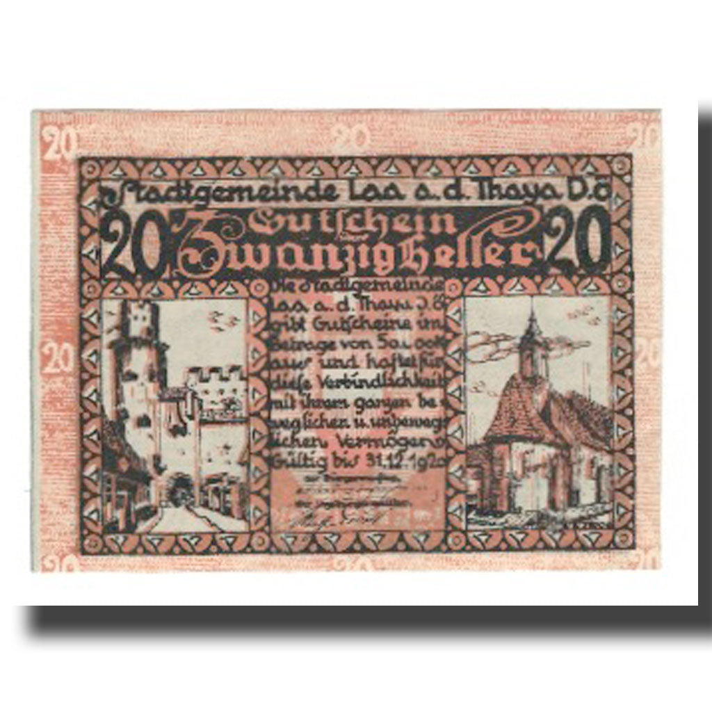 Banknote, Austria, Laa An Der Thaya, Stadtgemeinde, 20 Heller, valeur faciale