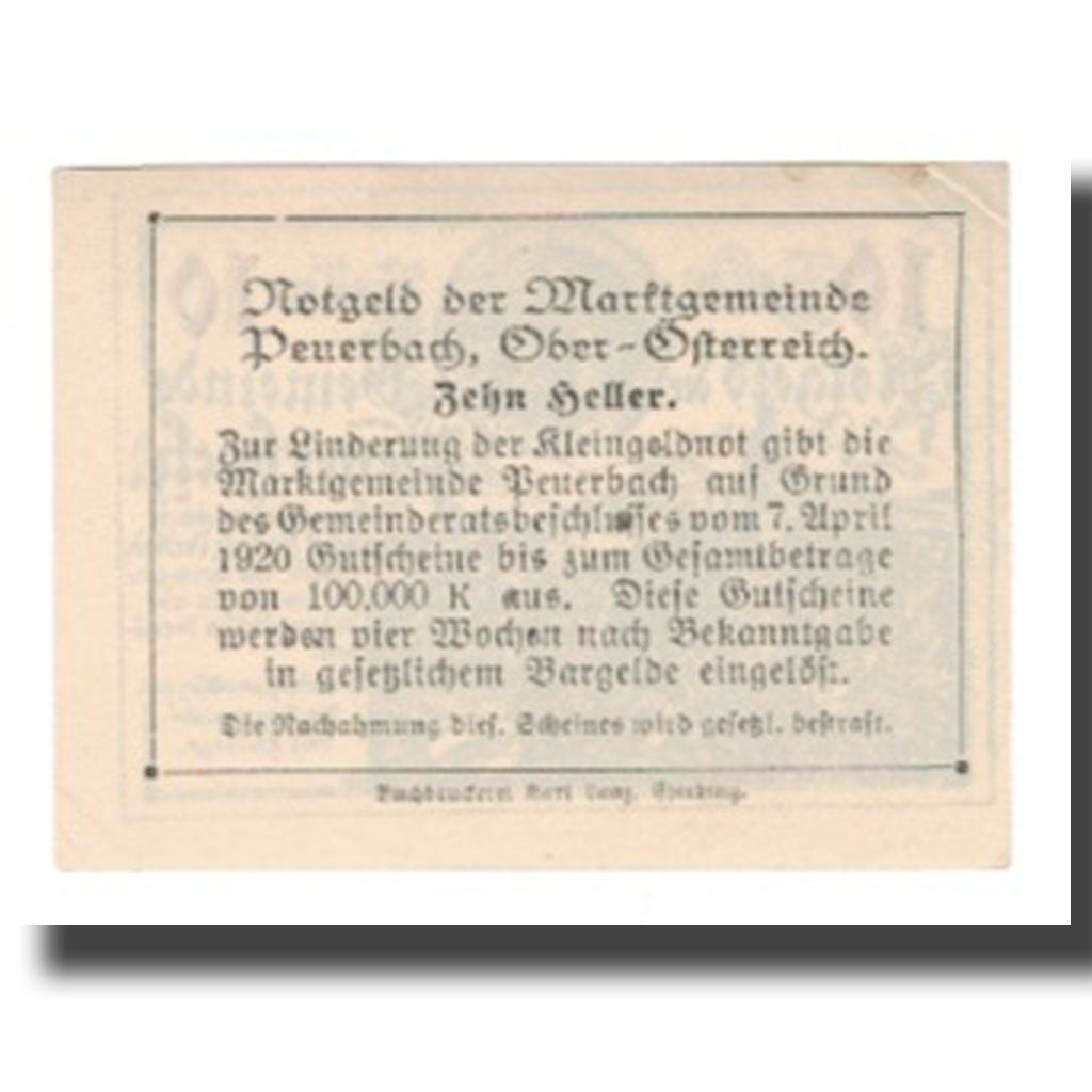 Banknot, Austria, Peuerbach O.Ö. Marktgemeinde, 10 Heller, Texte, 1920
