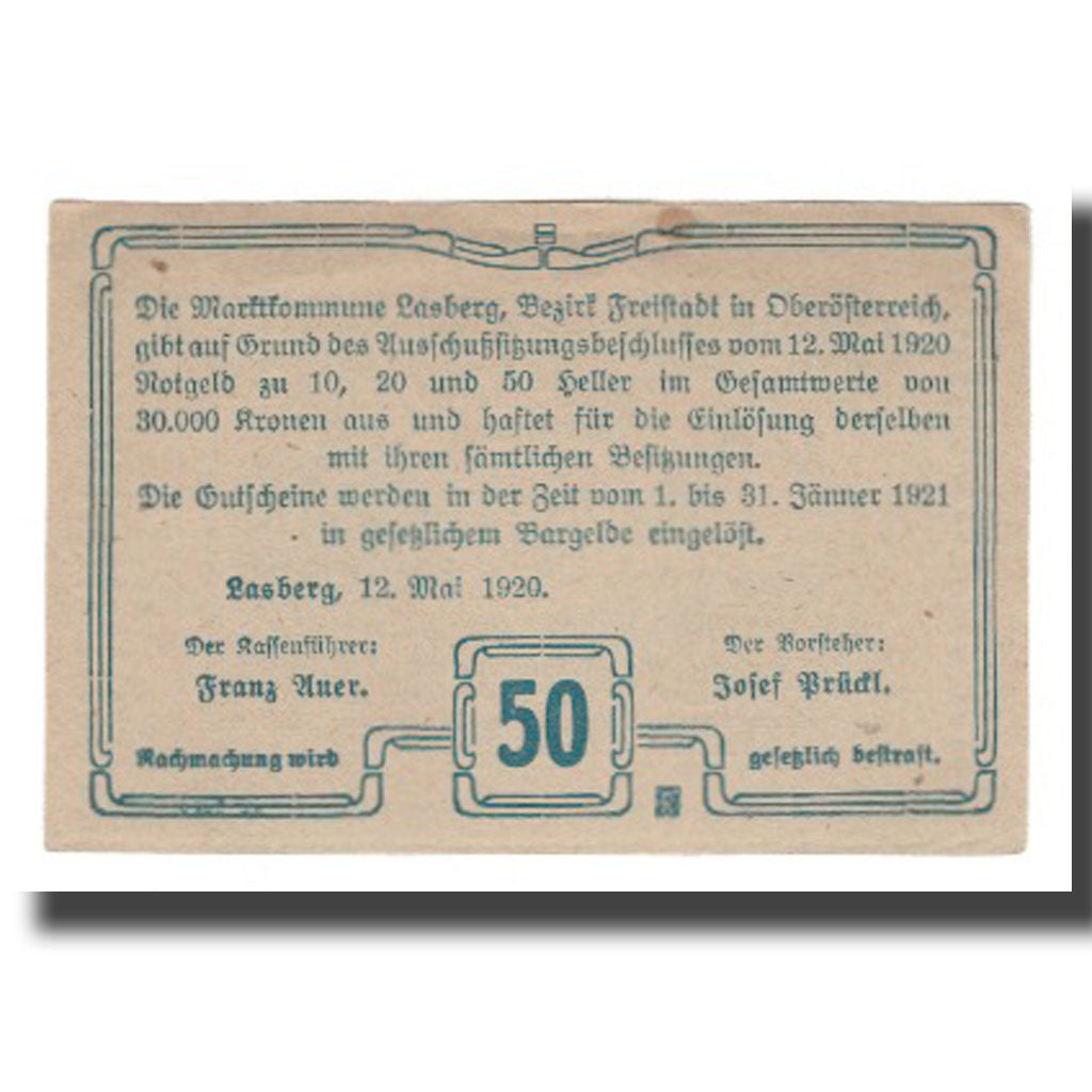 Banconote, Austria, Lasberg O.Ö. Marktgemeinde, 50 Heller, Texte, 1921