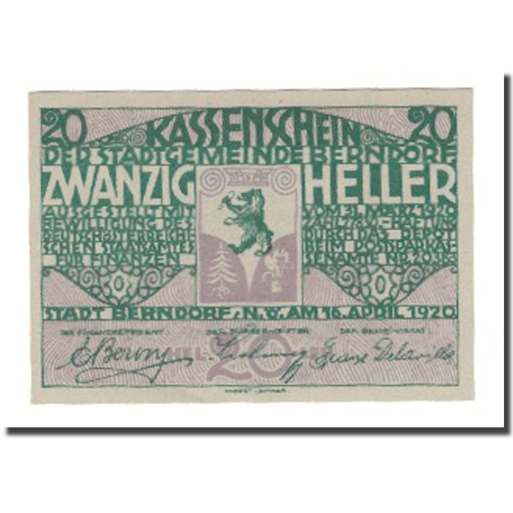 Geldschein, Österreich, Berndorf N.Ö. Stadtgemeinde, 20 Heller, Texte, 1920