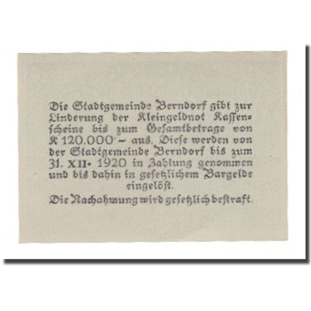 Geldschein, Österreich, Berndorf N.Ö. Stadtgemeinde, 20 Heller, Texte, 1920