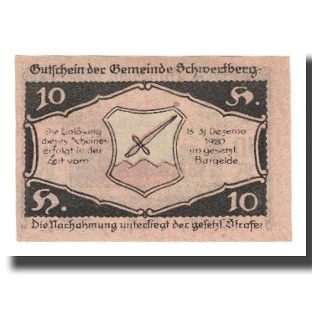Banknot, Austria, Schwertberg O.Ö. Gemeinde, 10 Heller, épée, 1920
