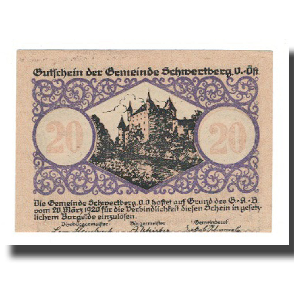 Geldschein, Österreich, Schwertberg O.Ö. Gemeinde, 10 Heller, épée, 1920