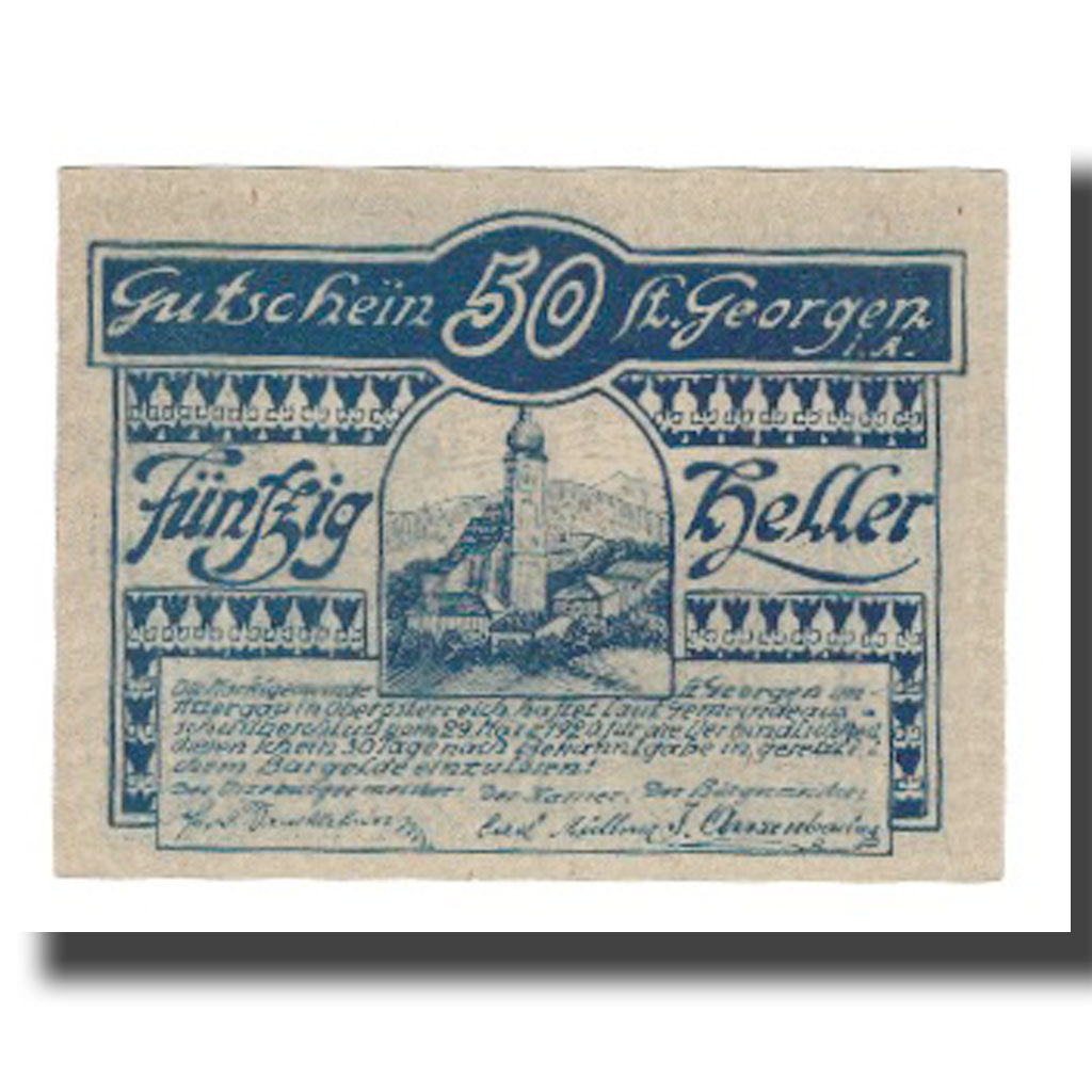 Banknot, Austria, St. Georgen im Attergau O.Ö. Marktgemeinde, 50 Heller