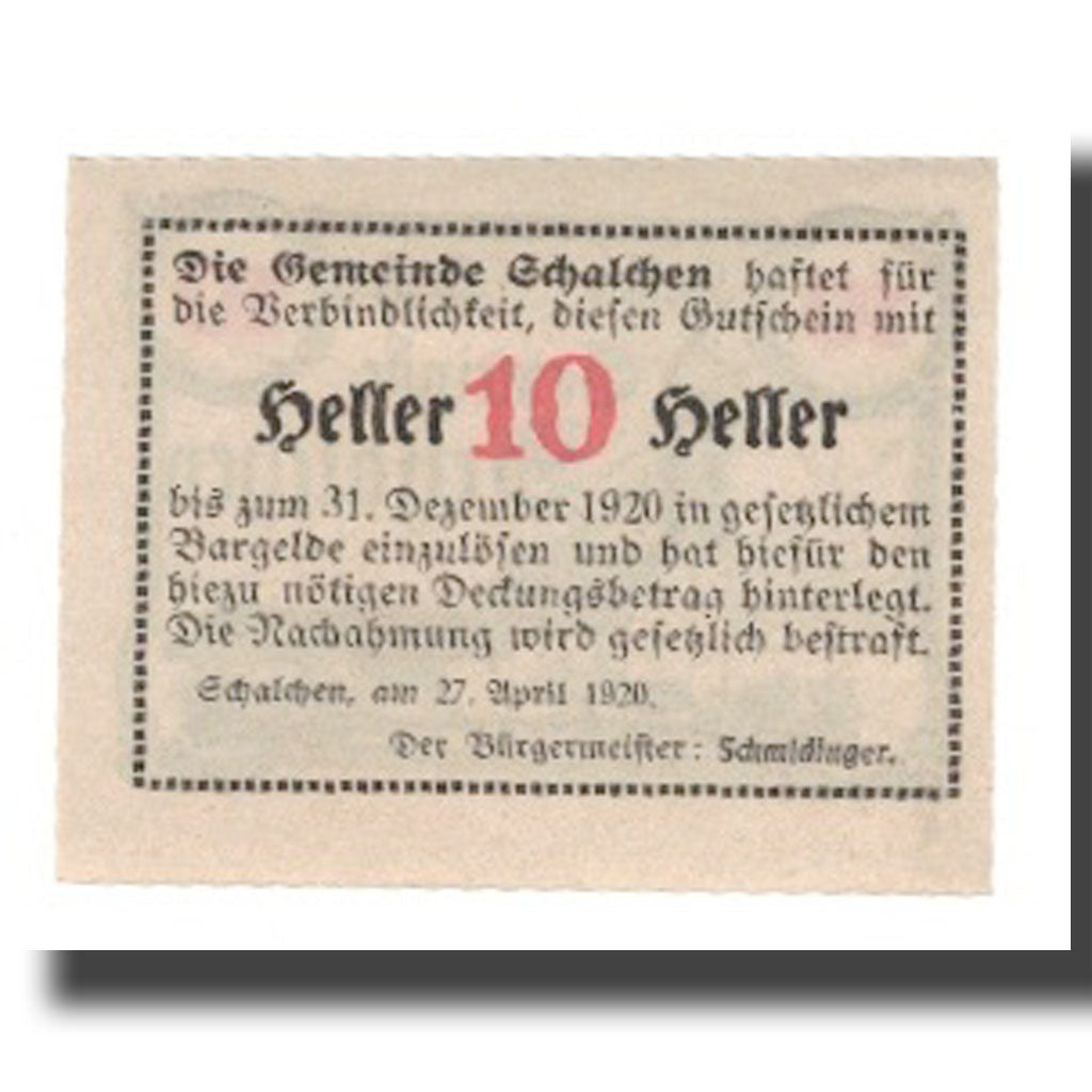 Banknot, Austria, Schalchen O.Ö. Gemeinde, 10 Heller, Texte, 1920, 1920-12-31