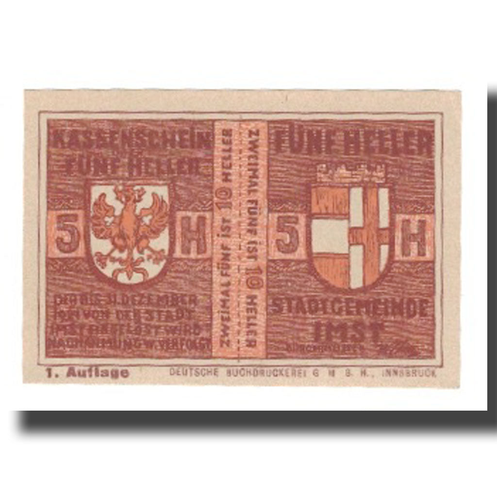 Moneta, Austria, Imst Tirol Stadtgemeinde, 10 Heller, Blason 2, 1920
