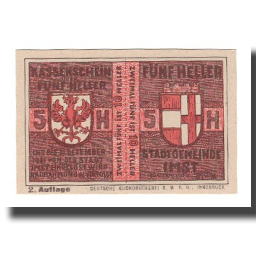 Moneta, Austria, Imst Tirol Stadtgemeinde, 10 Heller, Blason 3, 1920