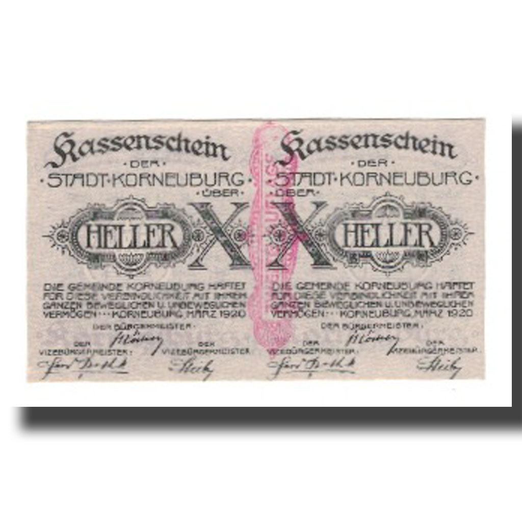 Banconote, Austria, Korneuburg N.Ö. Stadt, 20 Heller, Texte, 1920, 1920-12-31