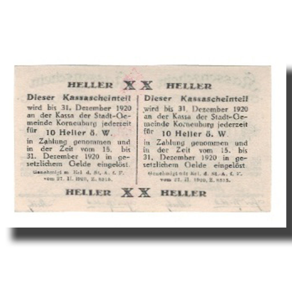 Banconote, Austria, Korneuburg N.Ö. Stadt, 20 Heller, Texte, 1920, 1920-12-31