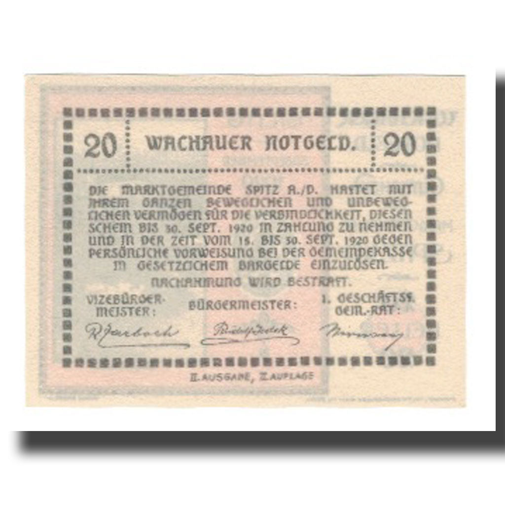 Banknot, Austria, Wachauer Notgeld Schönbühel N.Ö. Gemeinde, 20 Heller, texte