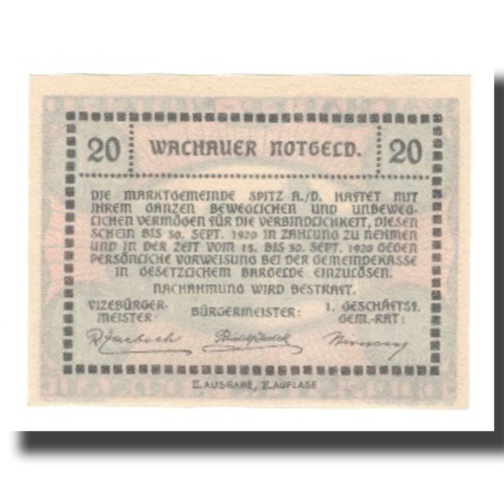 Banconote, Austria, Wachauer Notgeld Dürnstein N.Ö. Gemeinde, 20 Heller, texte