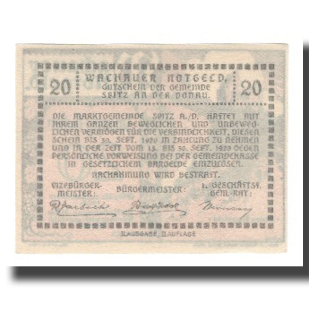 Banknote, Austria, Wachauer Notgeld-Aggstein N.Ö. Gemeinde, 20 Heller, texte 1