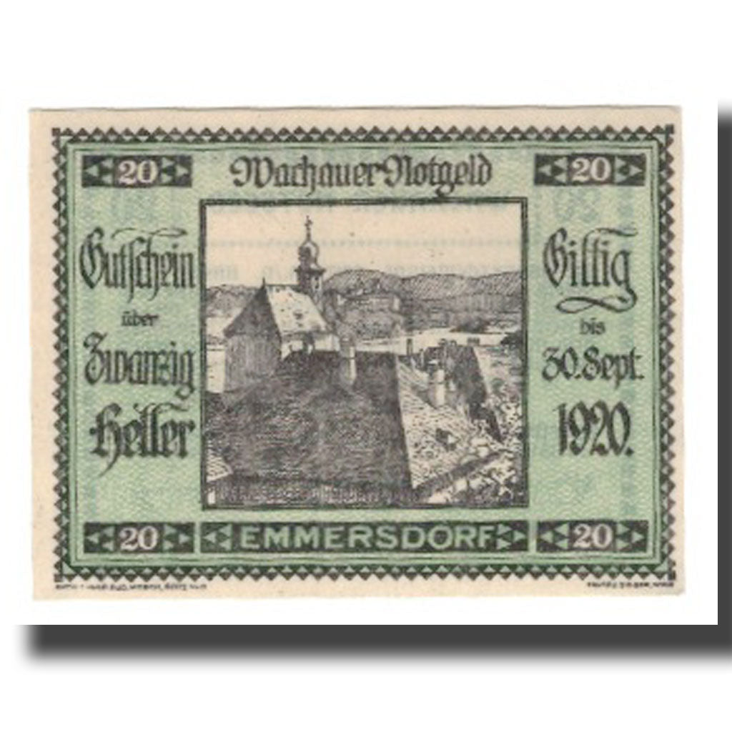 Banknot, Austria, Wachauer Notgeld Emmersdorf N.Ö. Gemeinde, 20 Heller, texte