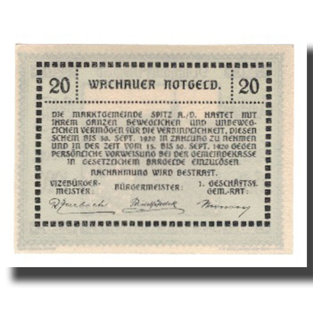 Banknot, Austria, Wachauer Notgeld Emmersdorf N.Ö. Gemeinde, 20 Heller, texte