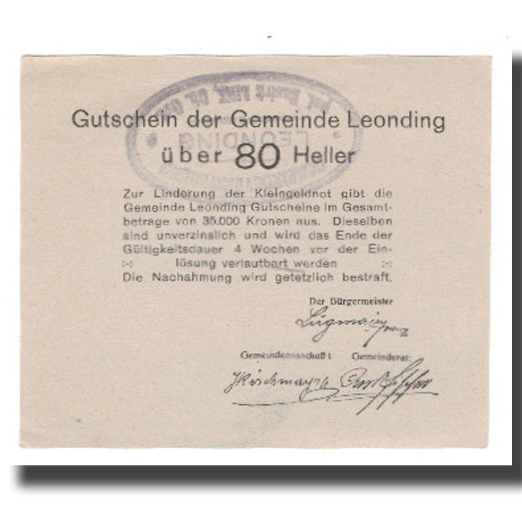 Banknot, Austria, Leonding O.Ö. Gemeinde, 80 Heller, texte 1, Undated