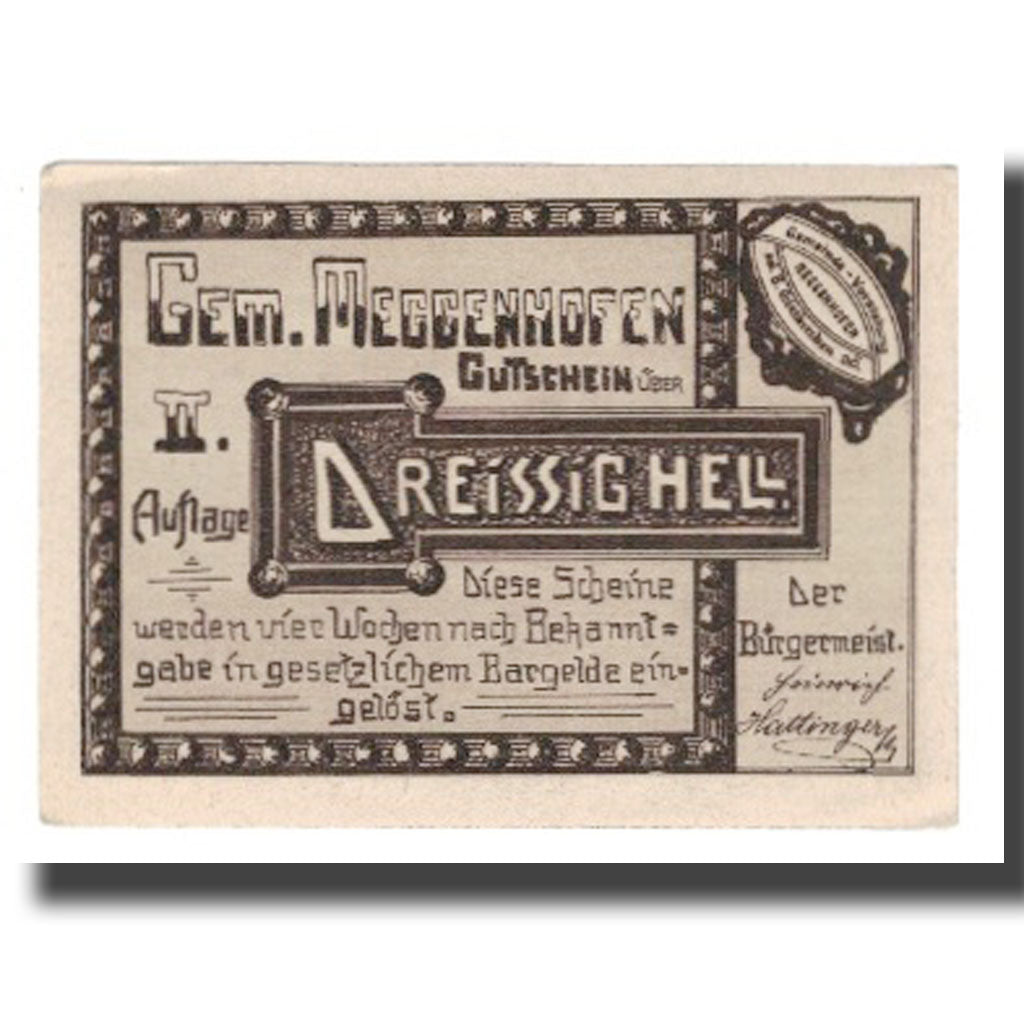 Banconote, Austria, Meggenhofen O.Ö. Gemeinde, 30 Heller, personnage, SPL-