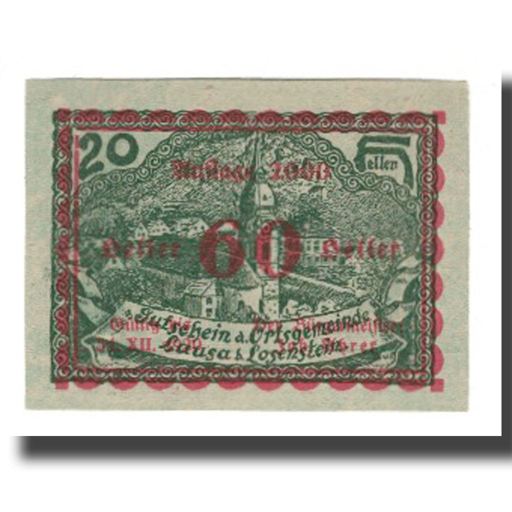 Banknot, Austria, Lausa bei Losenstein O.Ö. Ortsgemeinde, 60 Heller, Texte 2