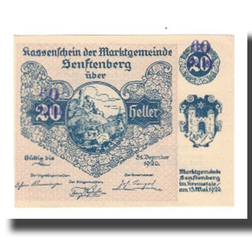 Banknot, Austria, Senftenberg N.Ö. Gemeinde, 60 Heller, texte 1, 1920