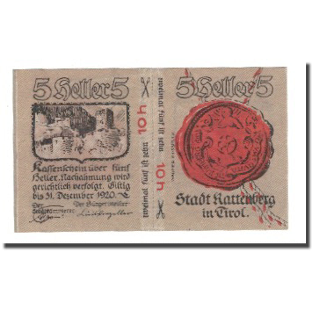 Banknot, Austria, Rattenberg Tirol Stadt, 10 Heller, Sceau, 1920, 1920-12-31