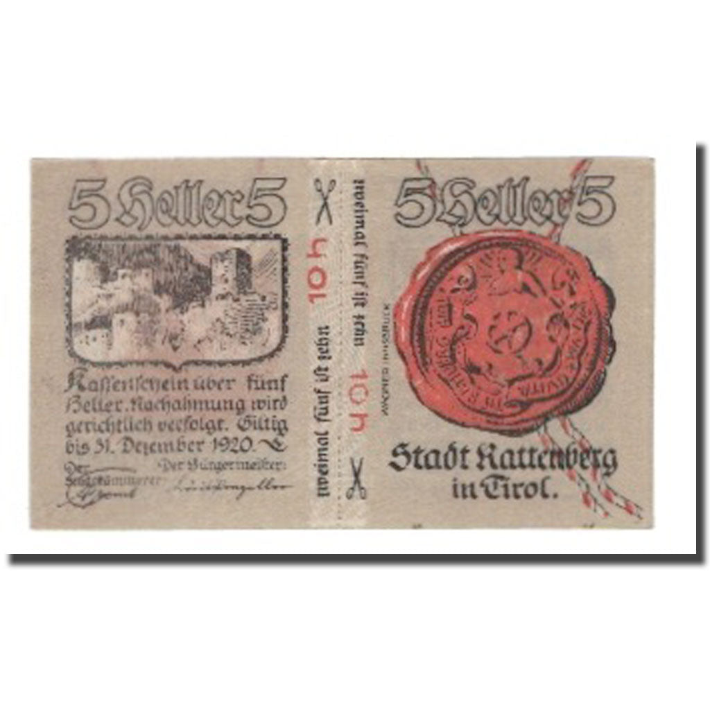 Banknot, Austria, Rattenberg Tirol Stadt, 10 Heller, Sceau, 1920, 1920-12-31