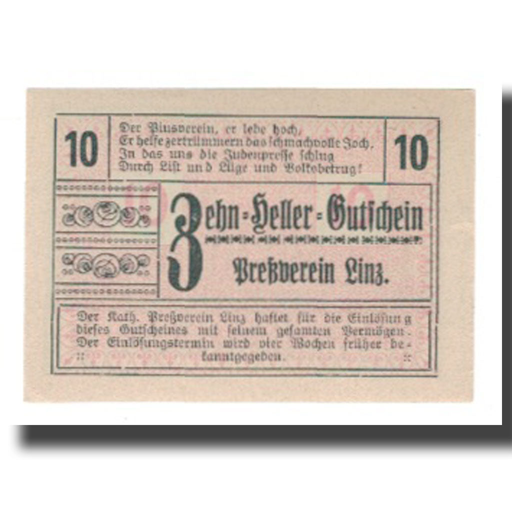 Banknote, Austria, Linz, Prv. Akad. Pressvereins-Buchdruckerei, 10 Heller