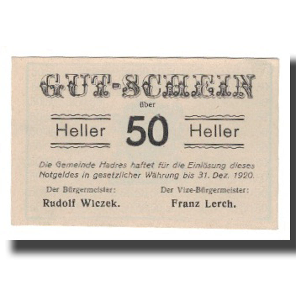 Banknote, Austria, Hadres N.Ö. Gemeinde, 50 Heller, N.D, 1920, 1920-12-31