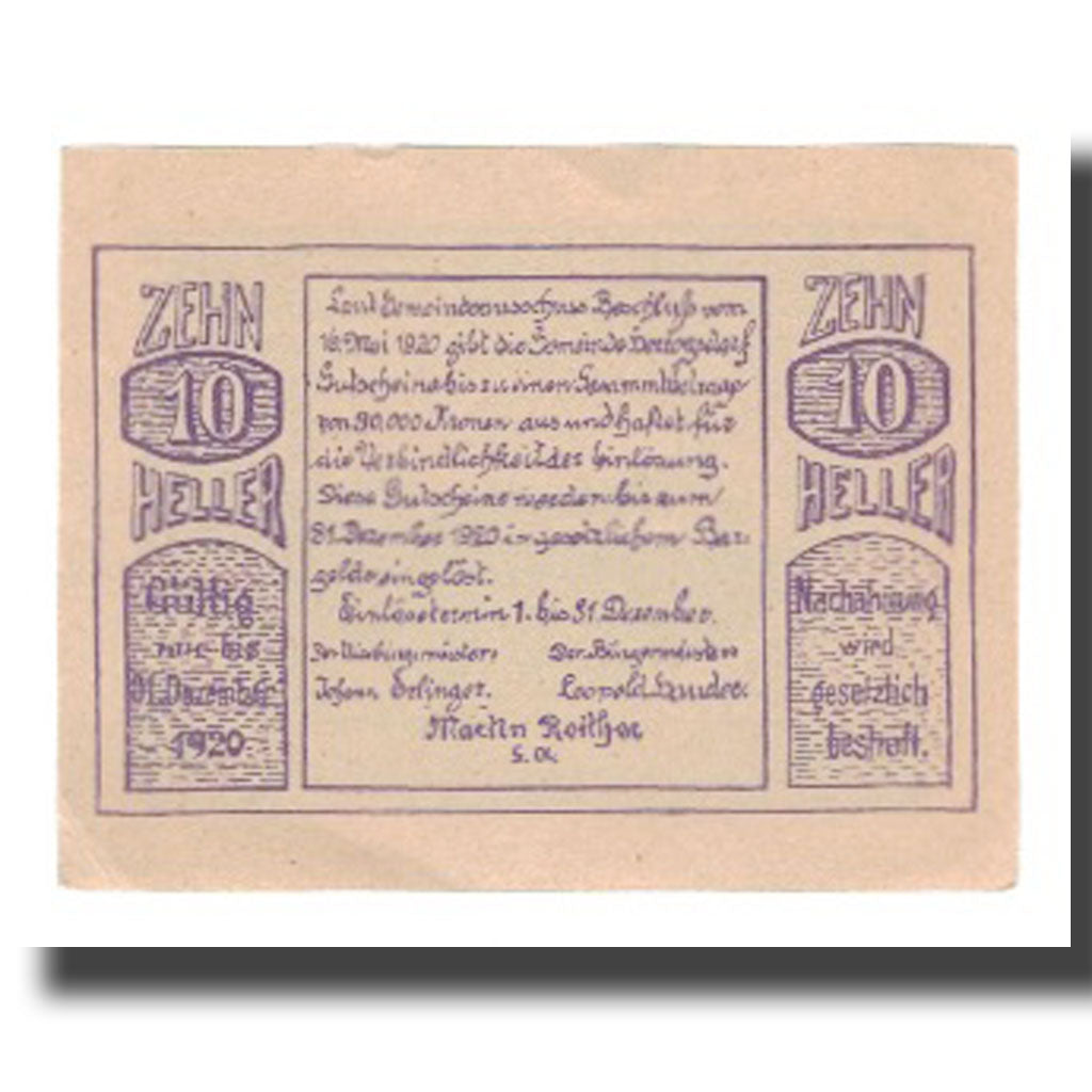 Banknote, Austria, Herzogsdorf O.Ö. Gemeinde, 10 Heller, Texte, 1920
