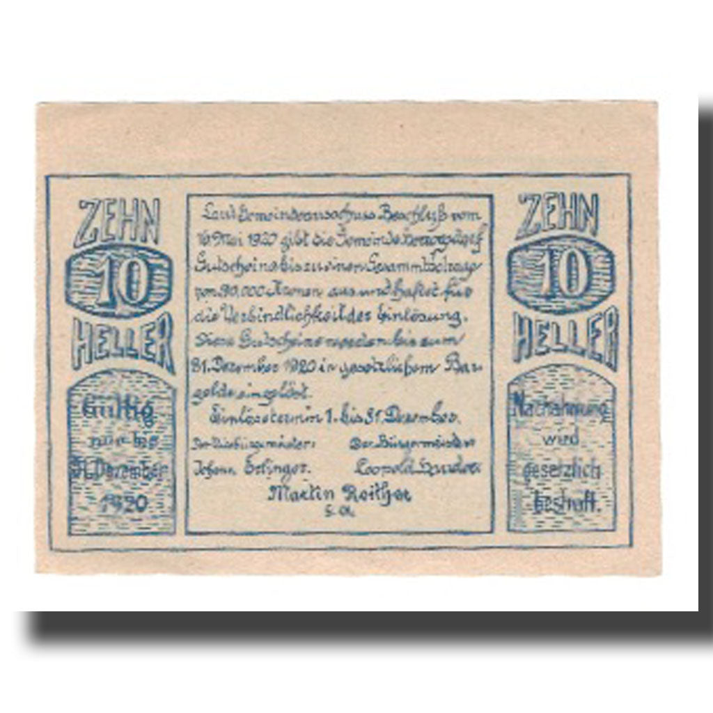 Banknot, Austria, Herzogsdorf O.Ö. Gemeinde, 10 Heller, texte 1, 1920