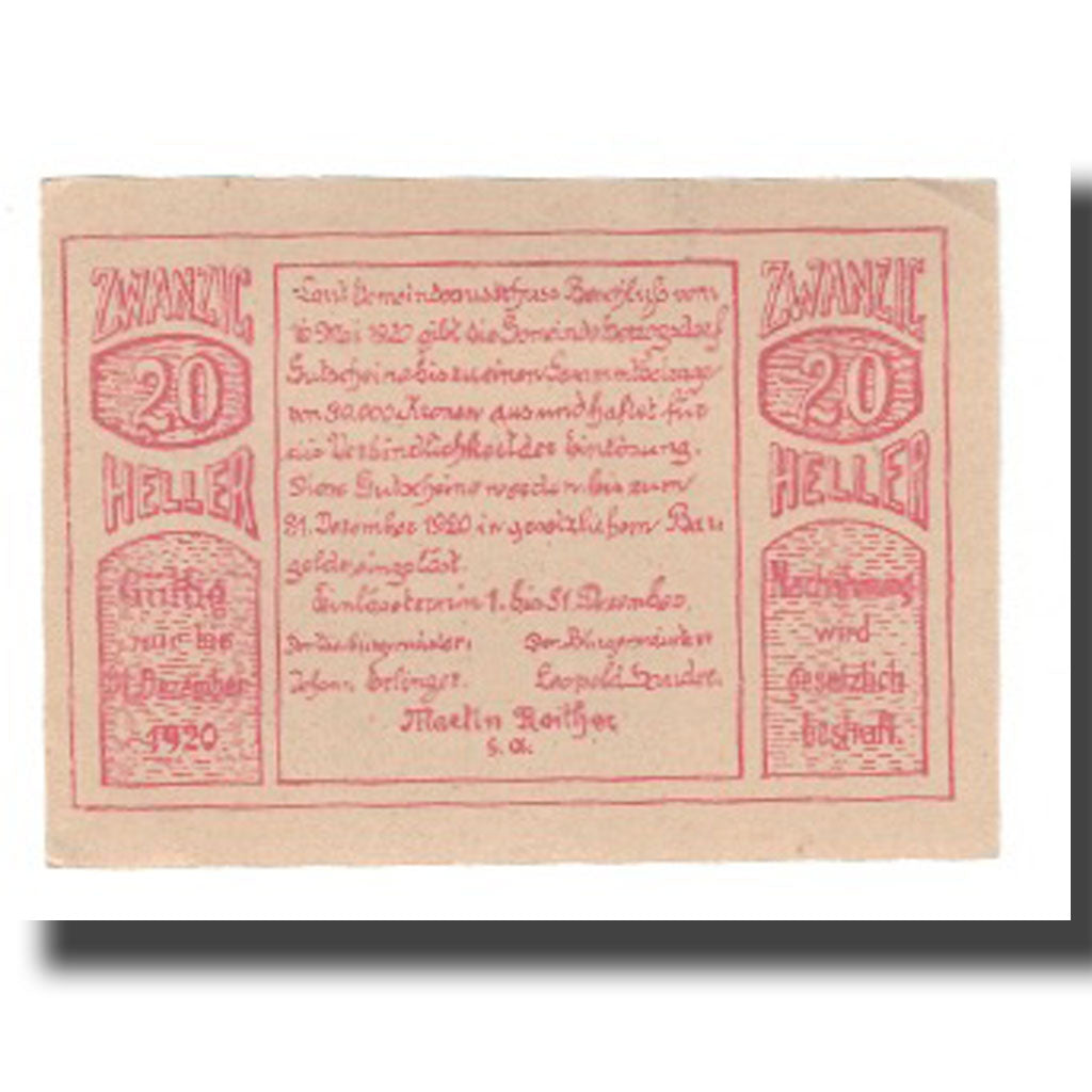 Banknot, Austria, Herzogsdorf O.Ö. Gemeinde, 20 Heller, Texte 2, 1920