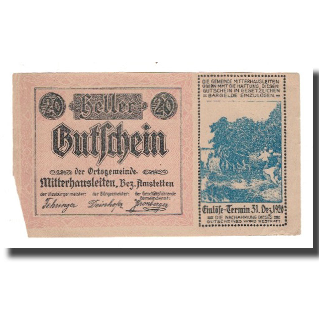 Banknote, Austria, Mitterhausleiten N.Ö. Ortsgemeinde, 20 Heller, N.D, 1920