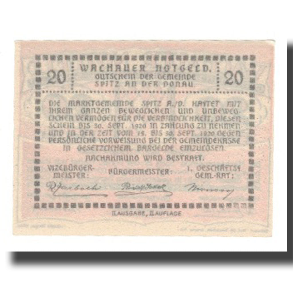 Banknote, Austria, Wachauer Notgeld - Spitz - Kirche N.Ö. Gemeinde, 20 Heller