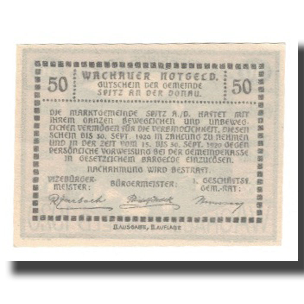 Banknot, Austria, Wachauer Notgeld - Spitz - Kirche N.Ö. Gemeinde, 50 Heller